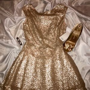 Gold Sequin Fit & Flare Skater Style Dress